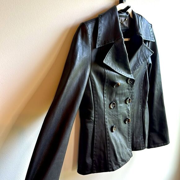 Guess Genuine Leather Brown Blazer Double Breasted Jacket Unique Stitching Small - Picture 2 of 7